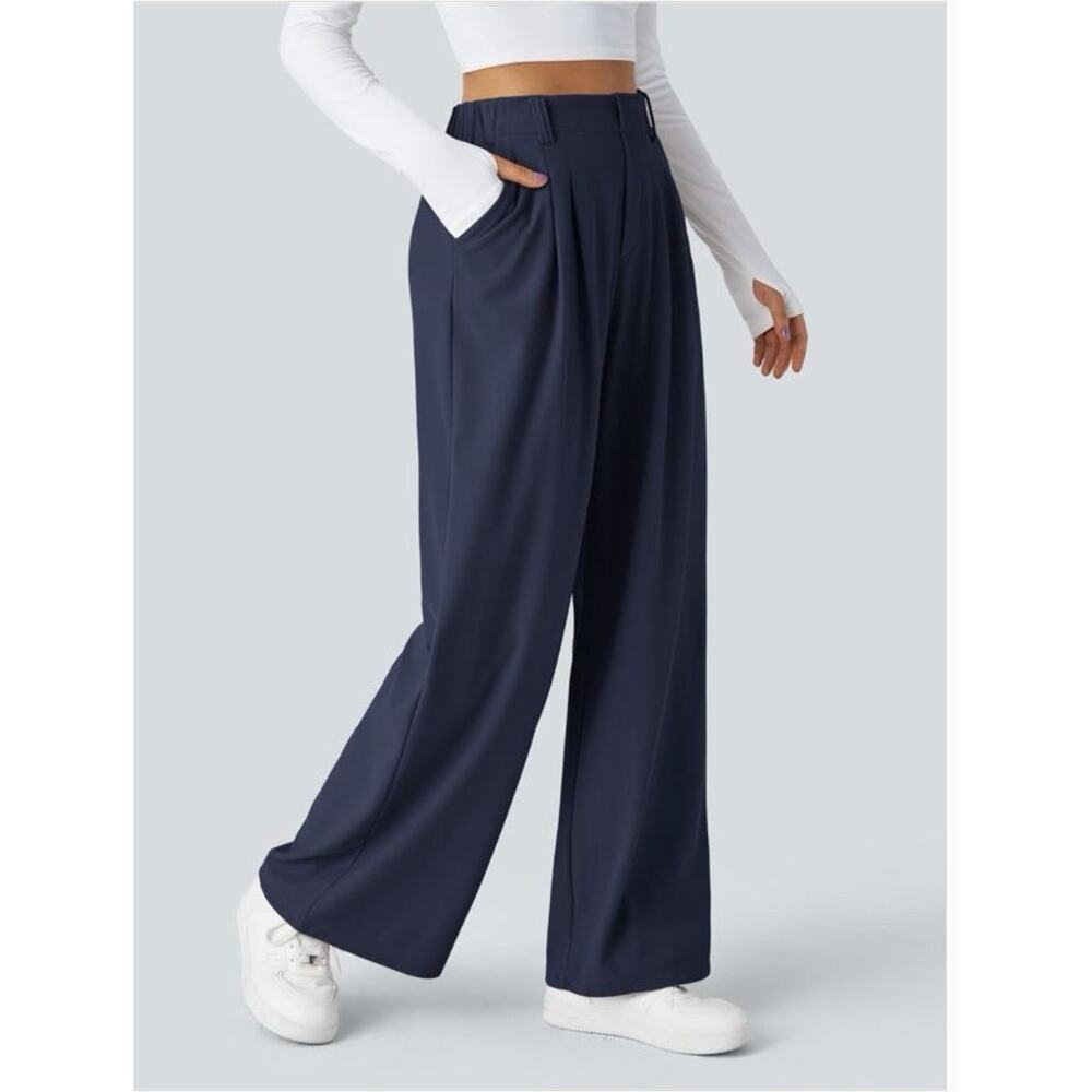 Halara Blue Pull On High Rise Pleated Wide Leg Stretch Knit Trouser Pants Sz LP - Picture 15 of 15